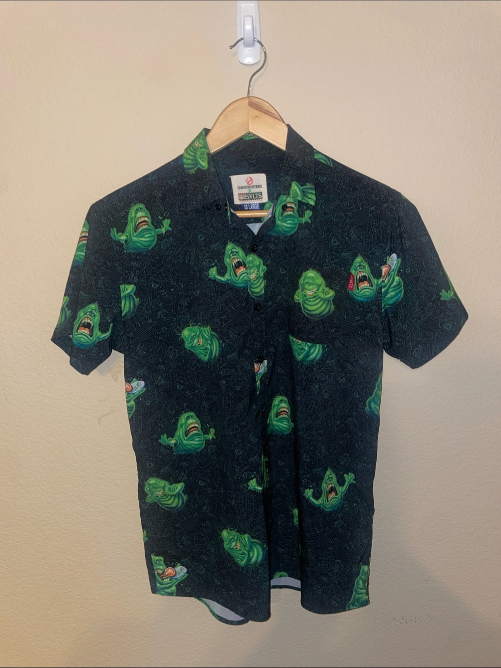 RSVLTS Black Short-Sleeve Button-Down Shirt with Green Slimer Print